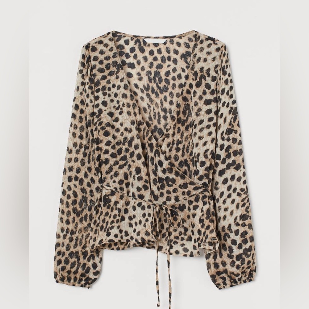 Patterned wrap front leopard print blouse - size S